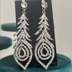 Stunning Bridal Prom Formal Silver Crystal Peacock Feather Design Drop Earrings